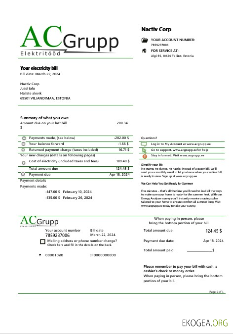 Modèle de facture de services publics d'électricité d'Estonie AC Grupp OÜ aux formats Word et PDF
